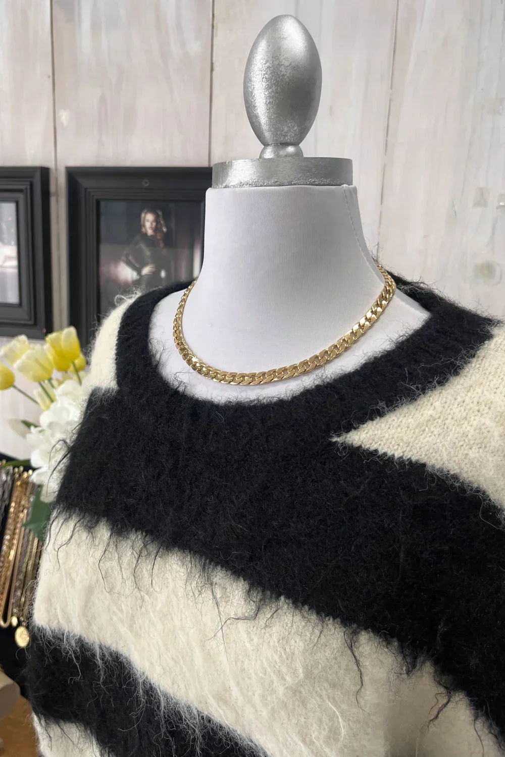 Black White Striped Fuzzy Knit Long Sleeve Cropped Sweater