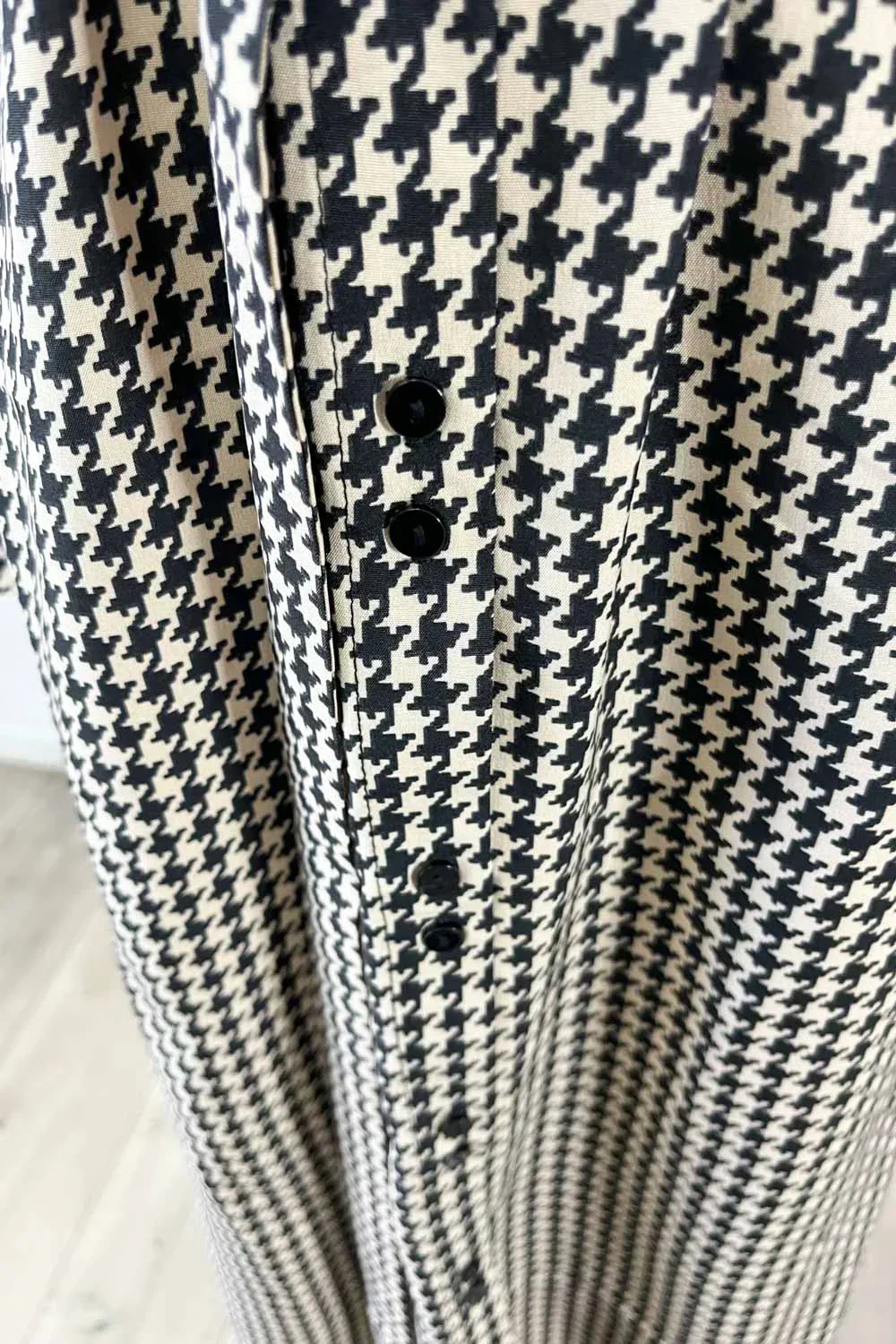 Houndstooth Print with Belt Cold Shoulder Long Sleeve Midi Shirt Dress