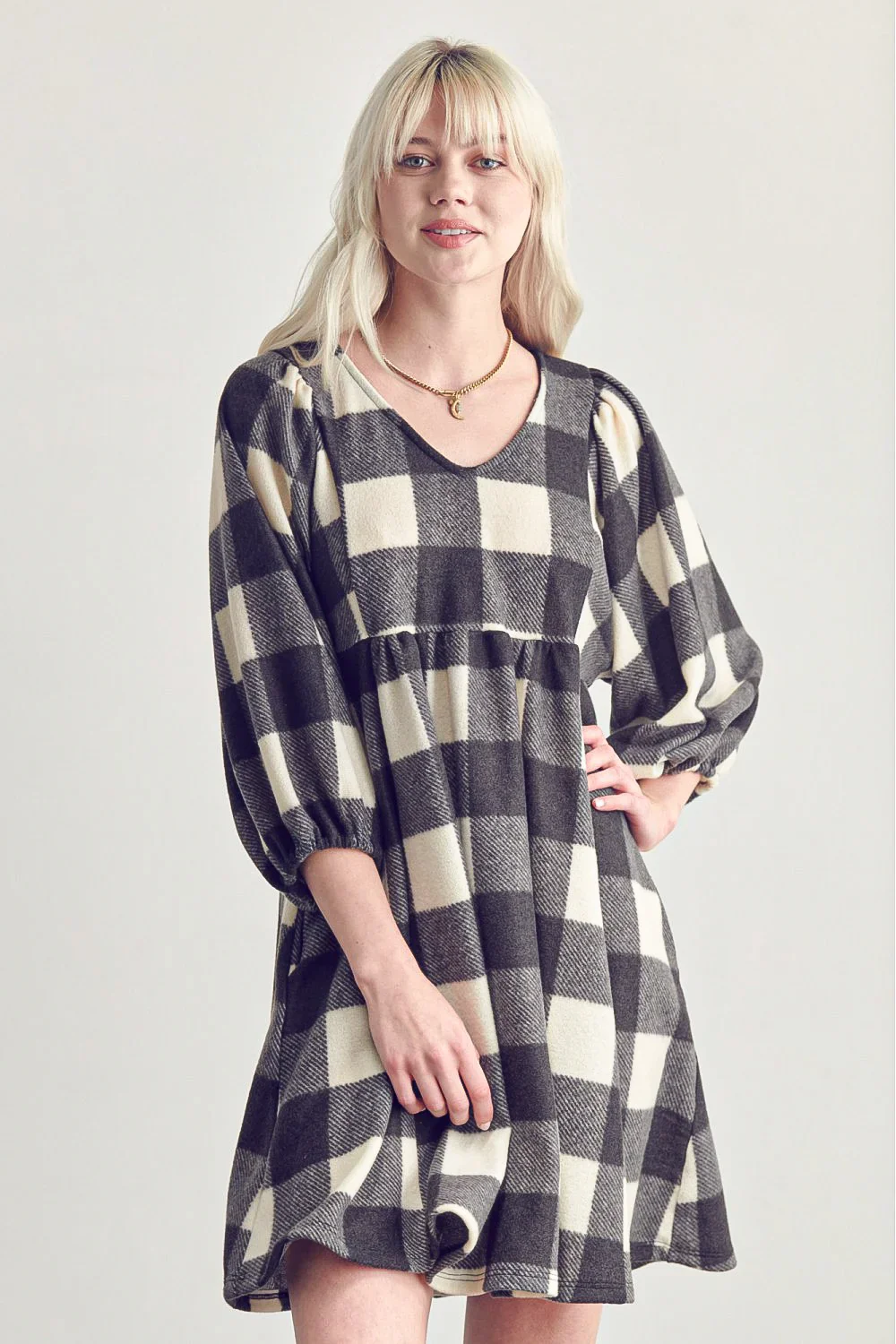 Plus Size Fleece Buffalo Plaid V Neck Puff Sleeve Cozy Casual Fall Winter Swing Dress