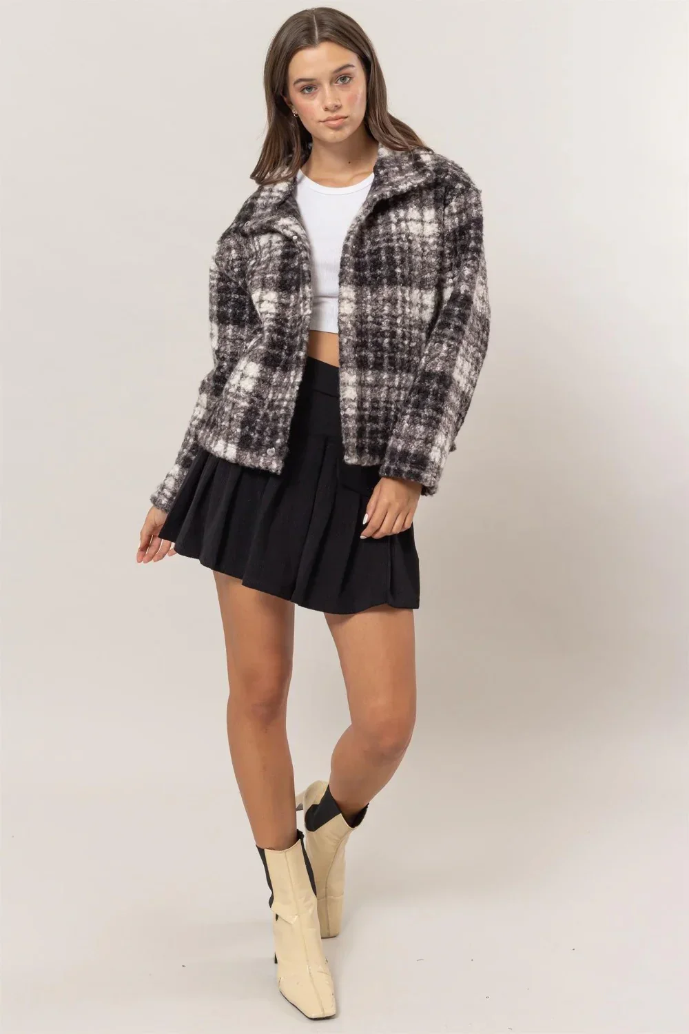 Plaid Collared Neck Front Button Side Pocket Boucle Jacket