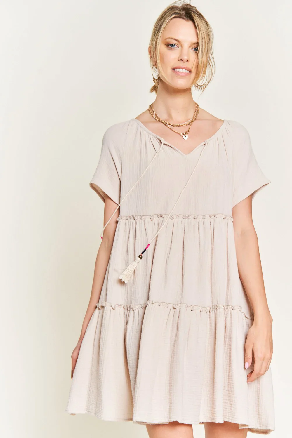 Plus Size Tiered Babydoll Short Sleeve V Neck Tassel Tie Casual Summer Swing Dress