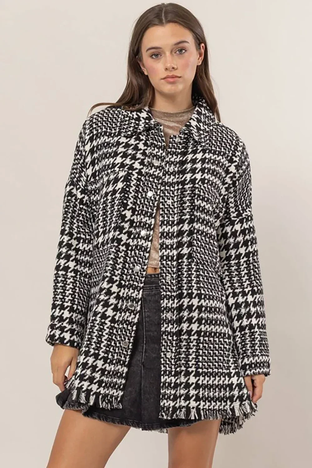 Black White Houndstooth Oversized Long Fringe Open Front Coat