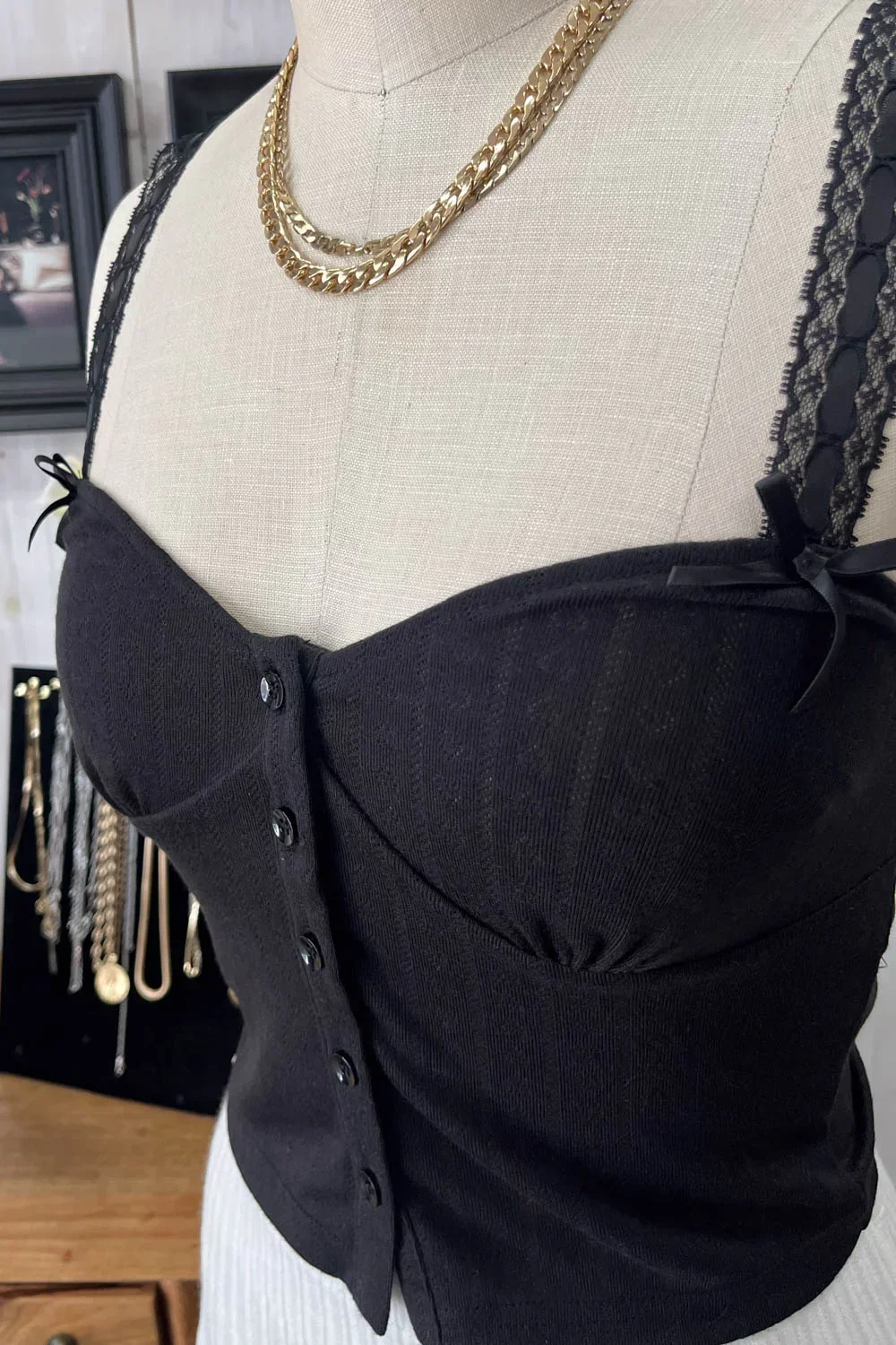 Ribbed Knit Button Front Corset Bustier Delicate Lace Trim and Bow Details Top