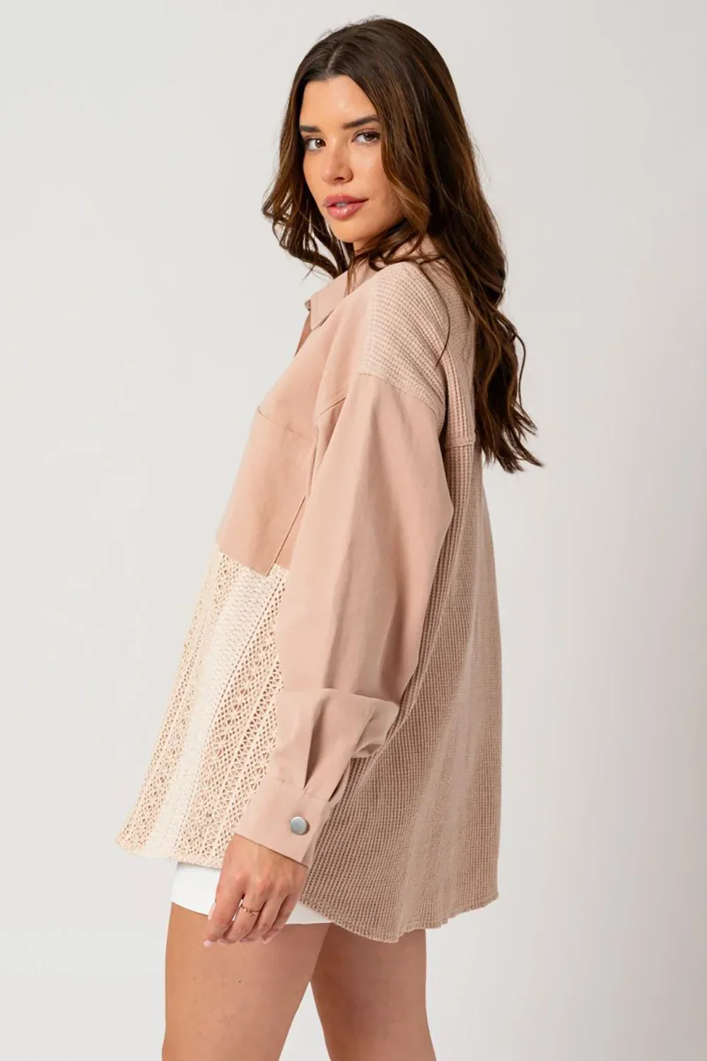 Dusty Blush Mixed Media Button Down Waffle Knit Shacket