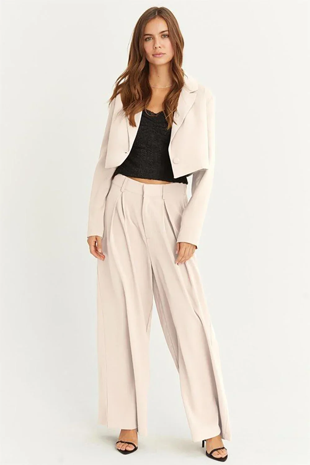 Cropped Blazer & High Rise Wide Leg Two-Piece Set