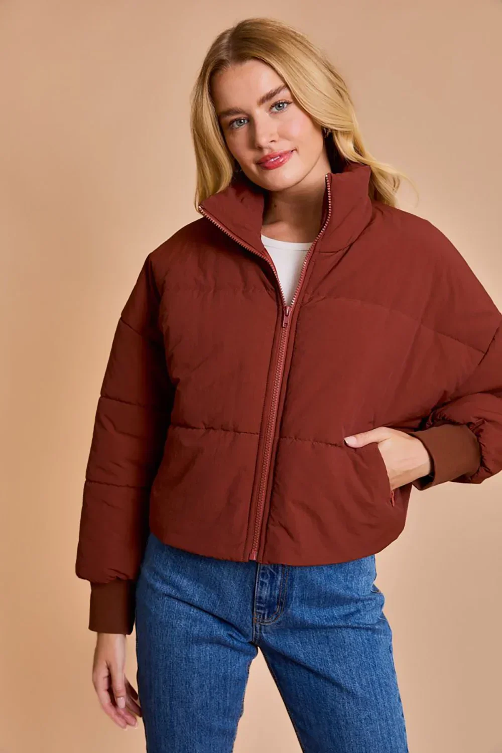 Quilted Puffer Stand Collar Zipper Pockets Cropped Bomber Jacket