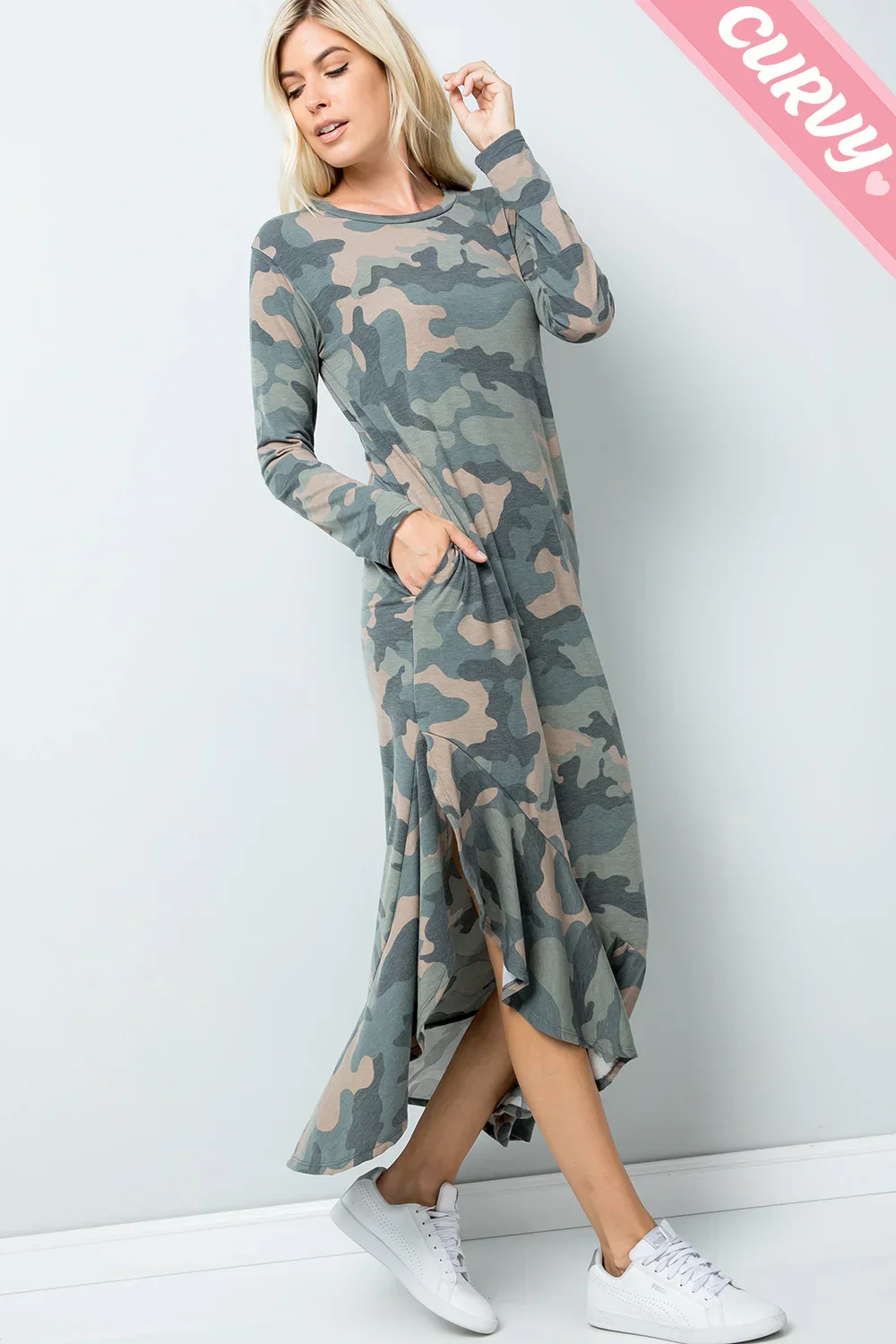 Plus Size Casual Camouflage Long Sleeve Asymmetrical Maxi Dress