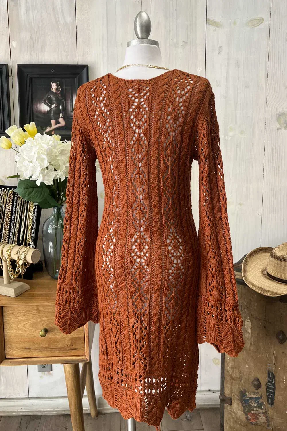 Crochet Cable Knit V-Neck Long Sleeve Eyelet Details Midi Dress