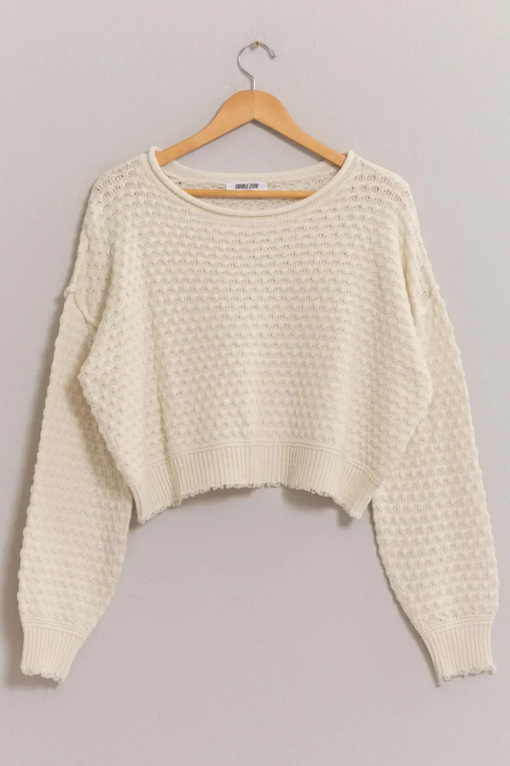 Waffle Knit Cropped Long Sleeve Raw Hem Relaxed Fit Cozy Boutique Sweater