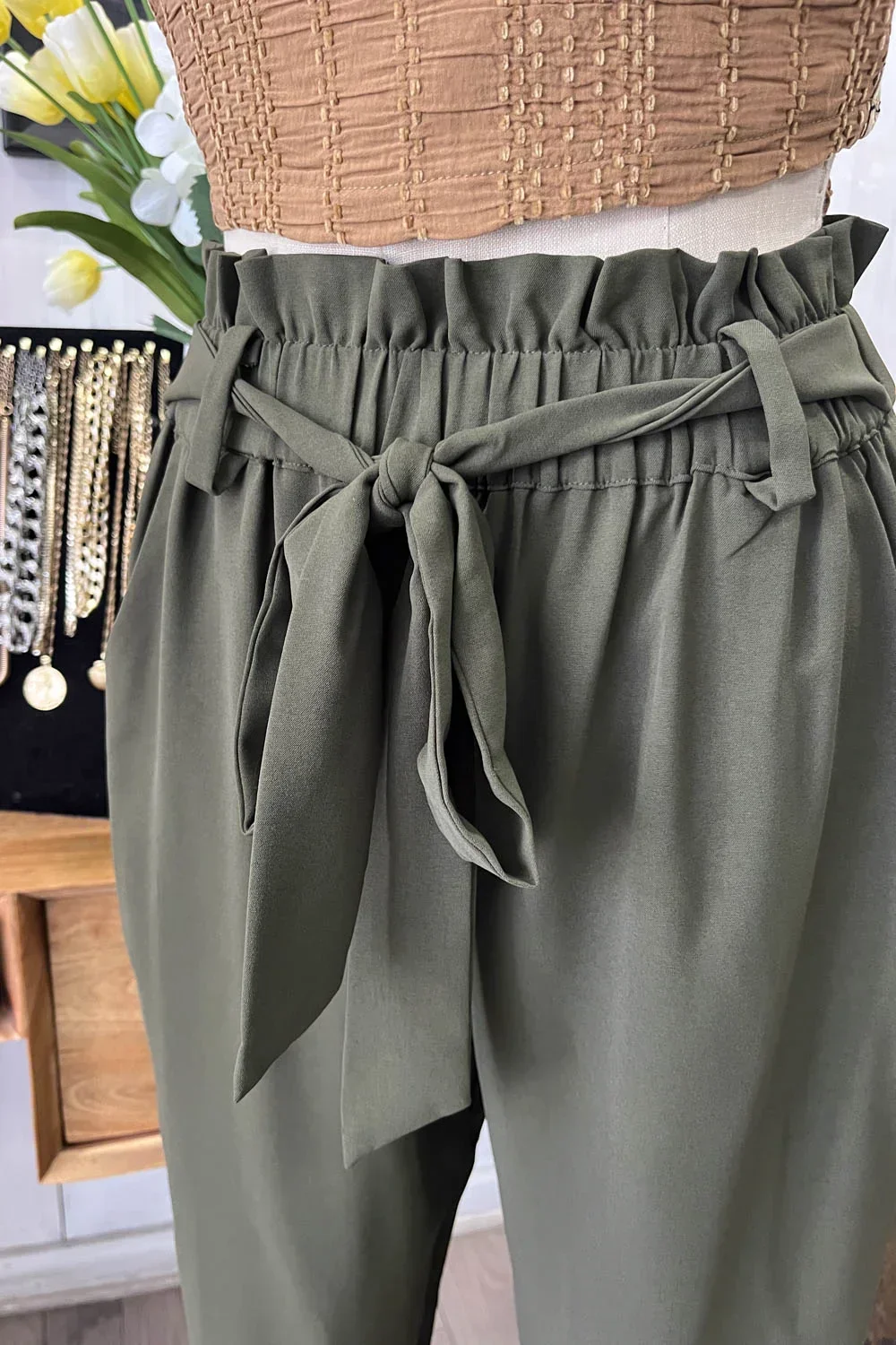 High Waisted Paperbag Waist Tie Belt Cropped Pants Trendy Trousers