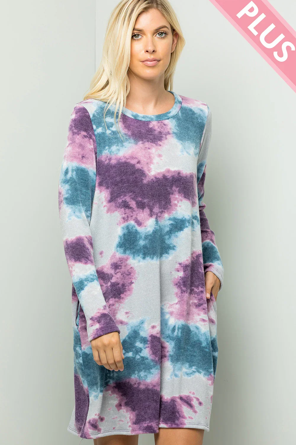 Plus Size Tie Dye Round Neck Long Sleeve Boutique Knit Tunic Dress