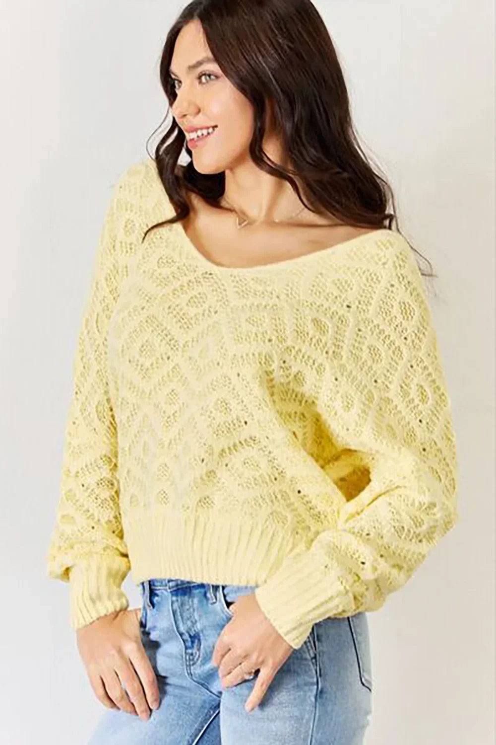 Lightweight Yellow Lace Knit Patterned Long Sleeve Pullover Wholesale Sweater