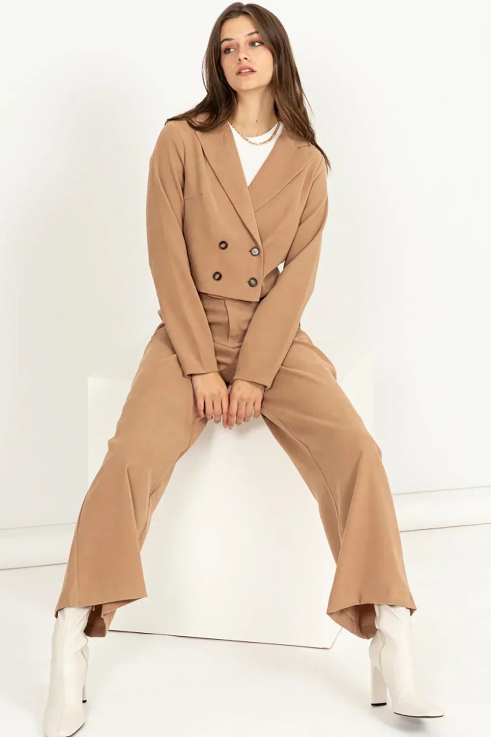 Long Sleeve Crop Blazer High Waist Pants Two Piece Professional Suit Set