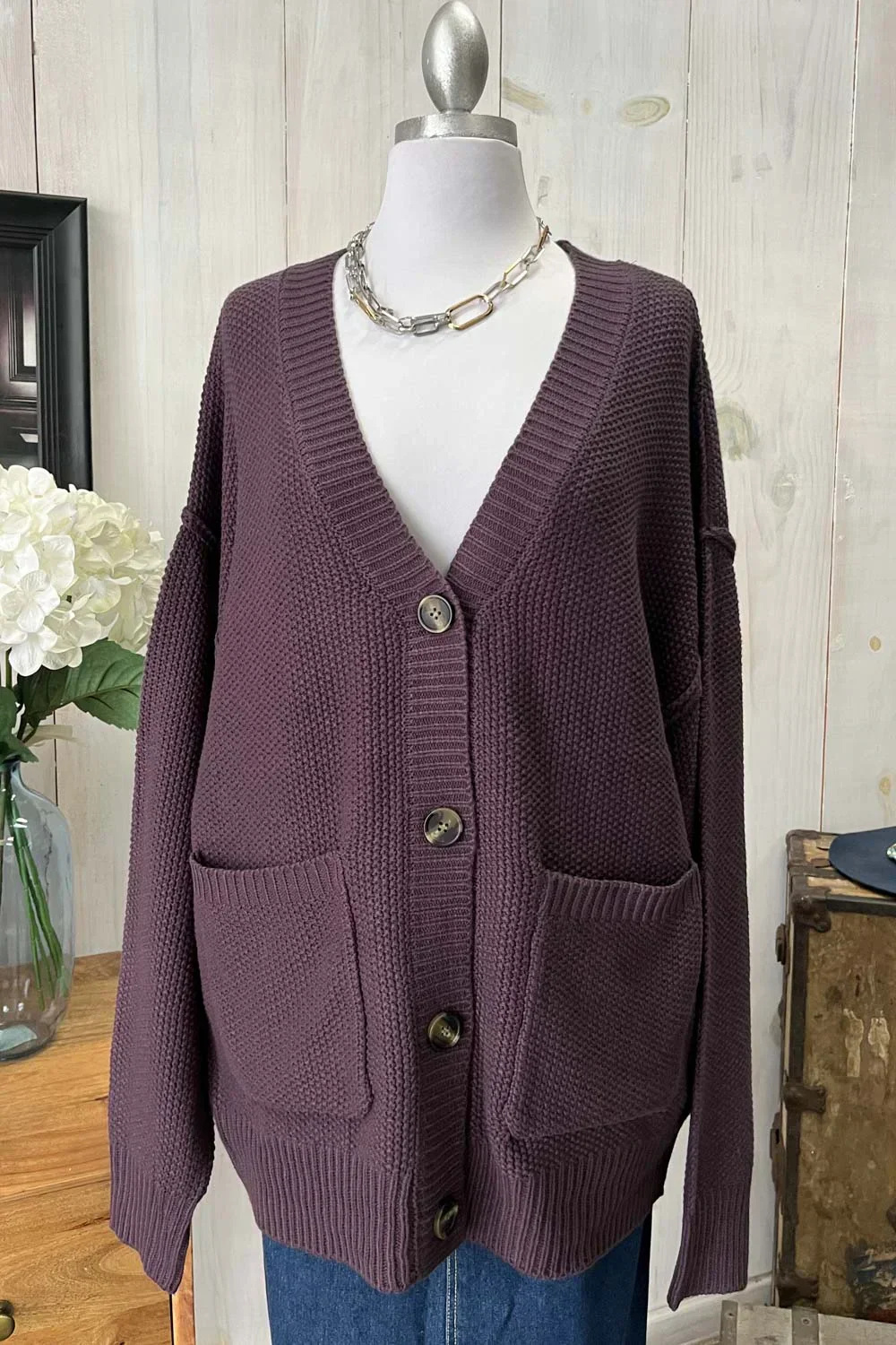 Oversized Button Front Chunky Knit Long Sleeve V-Neck Cardigan Sweater