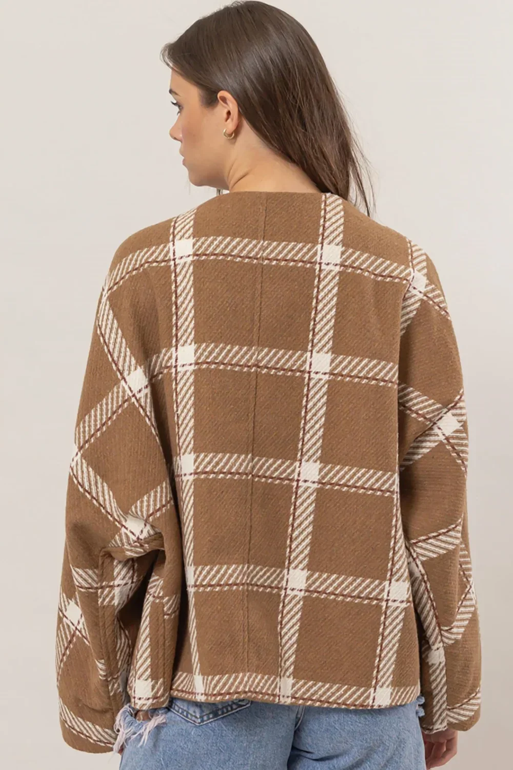 Oversize Plaid Long Sleeve Side Slit Pockets Jacket Shacket