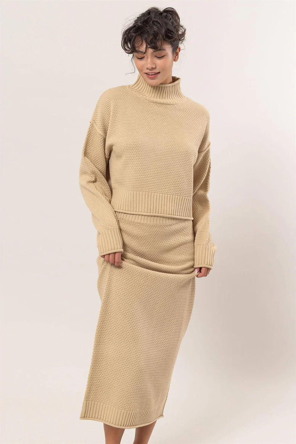 Oversized Turtleneck Sweater Matching Midi Skirt Knit Two Piece Set