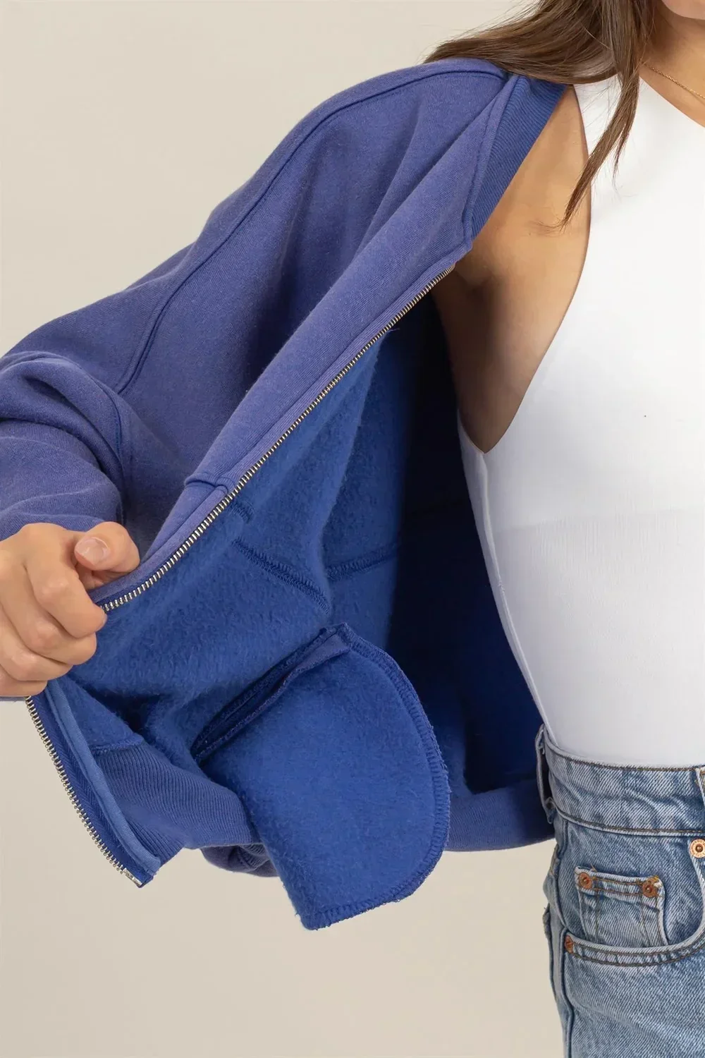 Cozy Washed French Terry Ribbed Collar Zip Up Casual Jacket