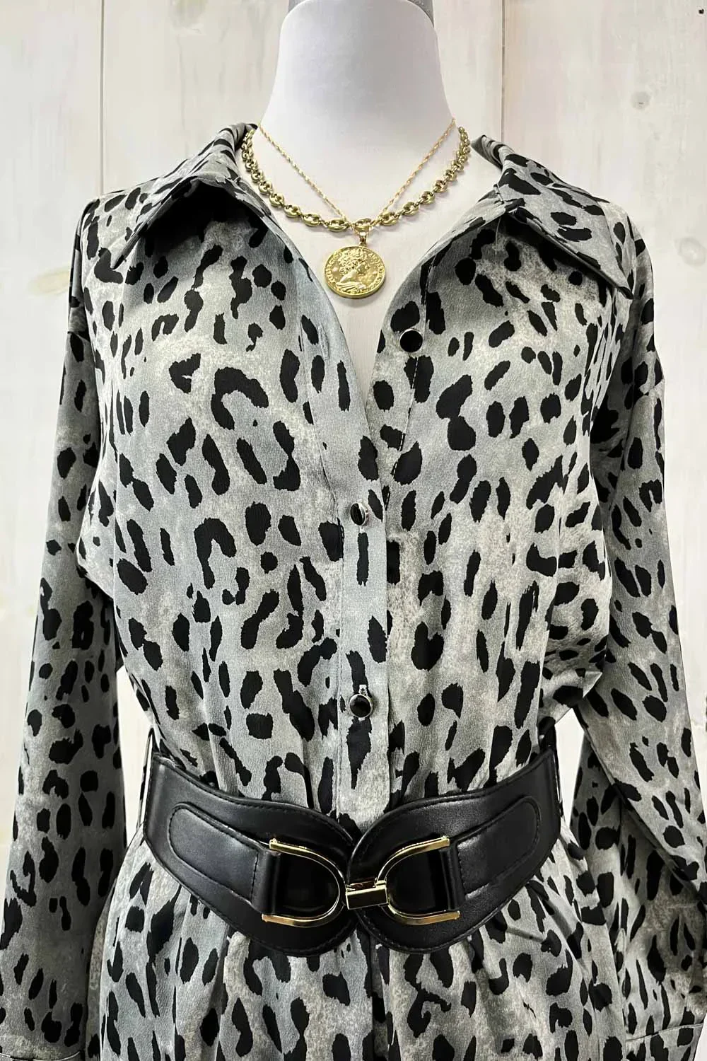 Leopard Print Satin Jumpsuit Long Sleeve Button Front Wide Leg Boutique Jumpsuit