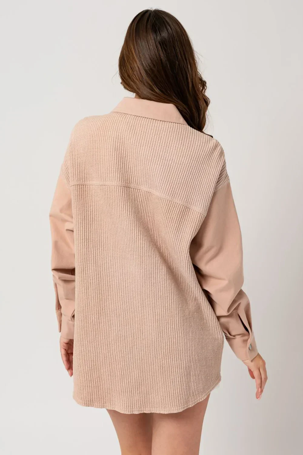 Dusty Blush Mixed Media Button Down Waffle Knit Shacket