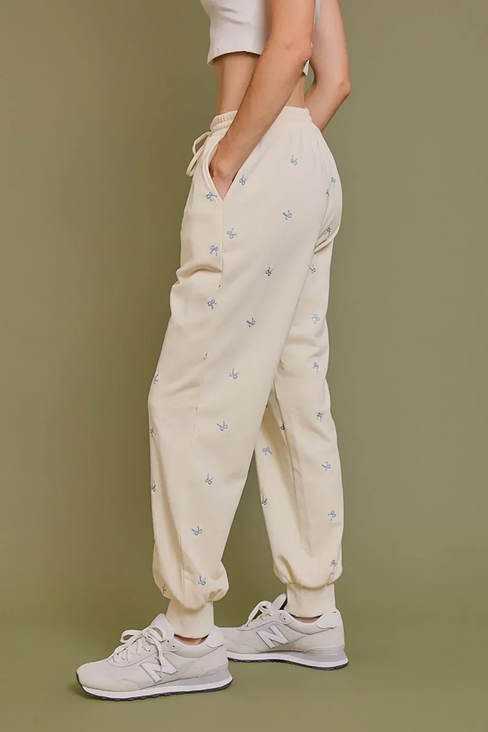 Cream Embroidered Bow Print Elastic Waist Drawstring Joggers
