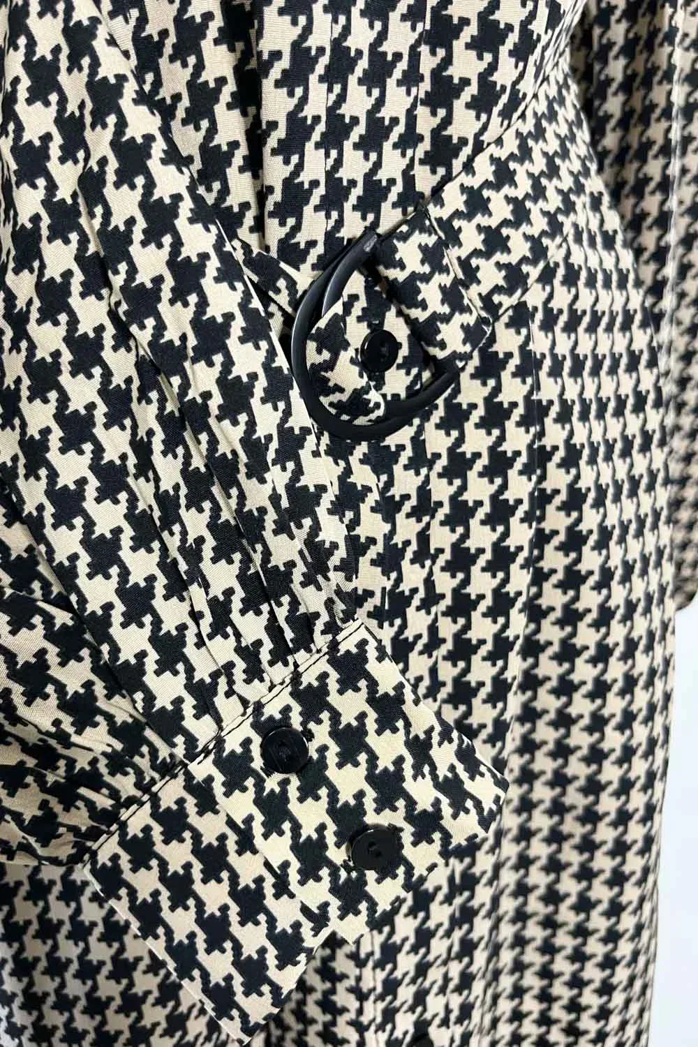 Houndstooth Print with Belt Cold Shoulder Long Sleeve Midi Shirt Dress