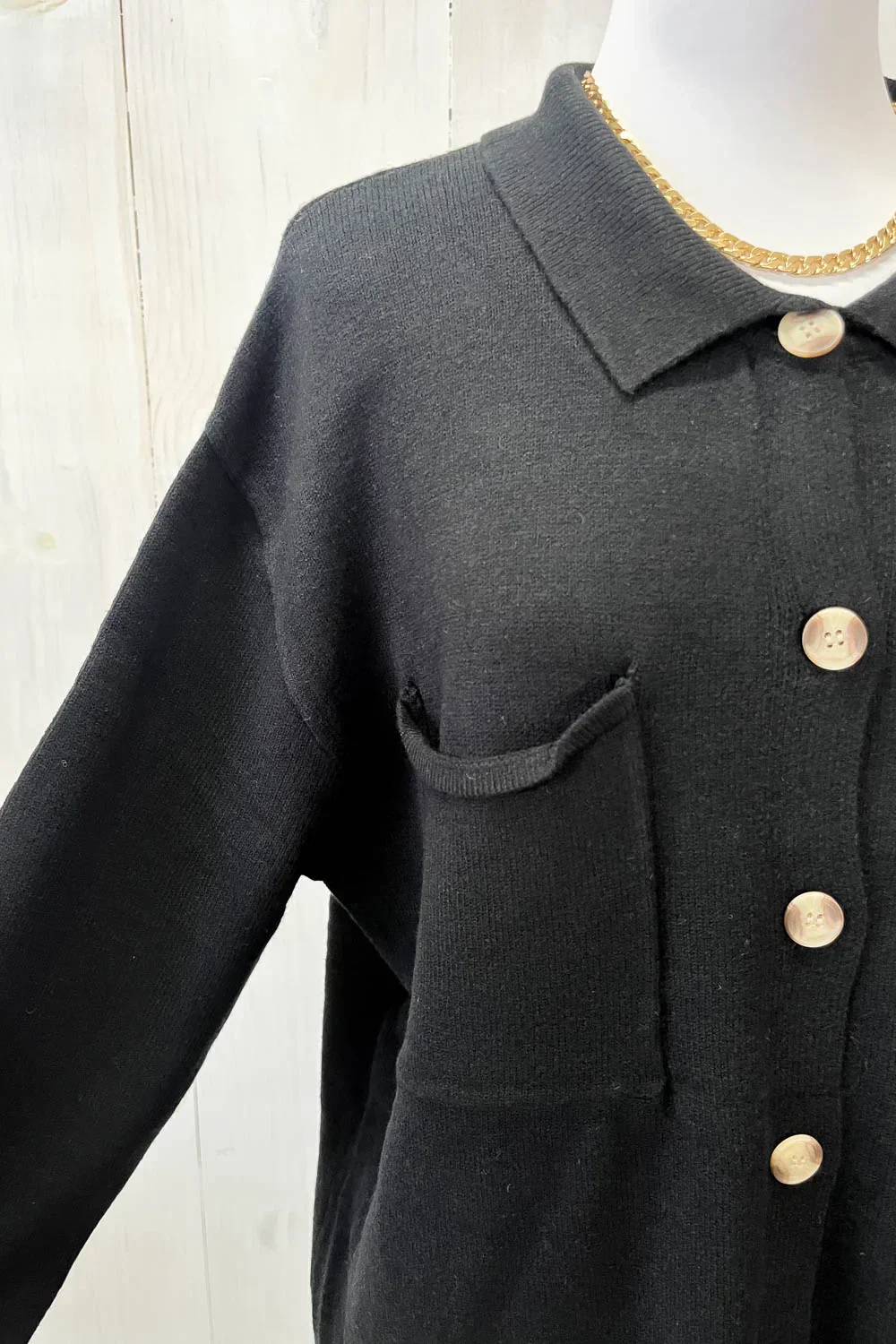 Black Collared Front Pocket Button Down Sweater Shirt