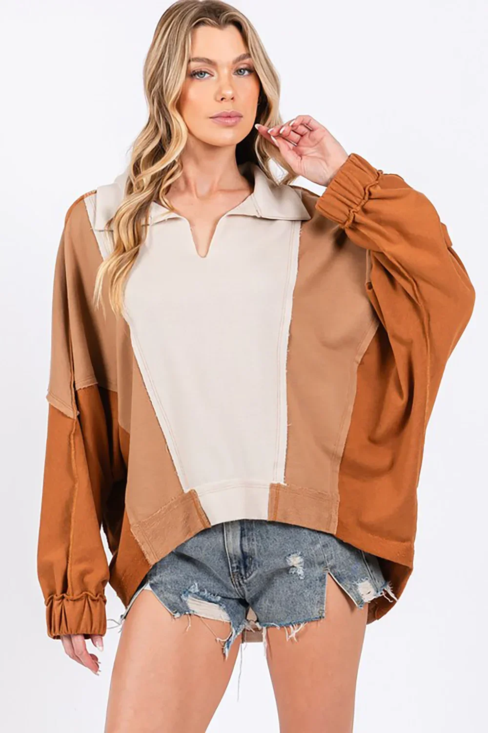 Colorblock Collared Pullover Sweatshirt for Boutiques Trendy Neutral Tones Sweater