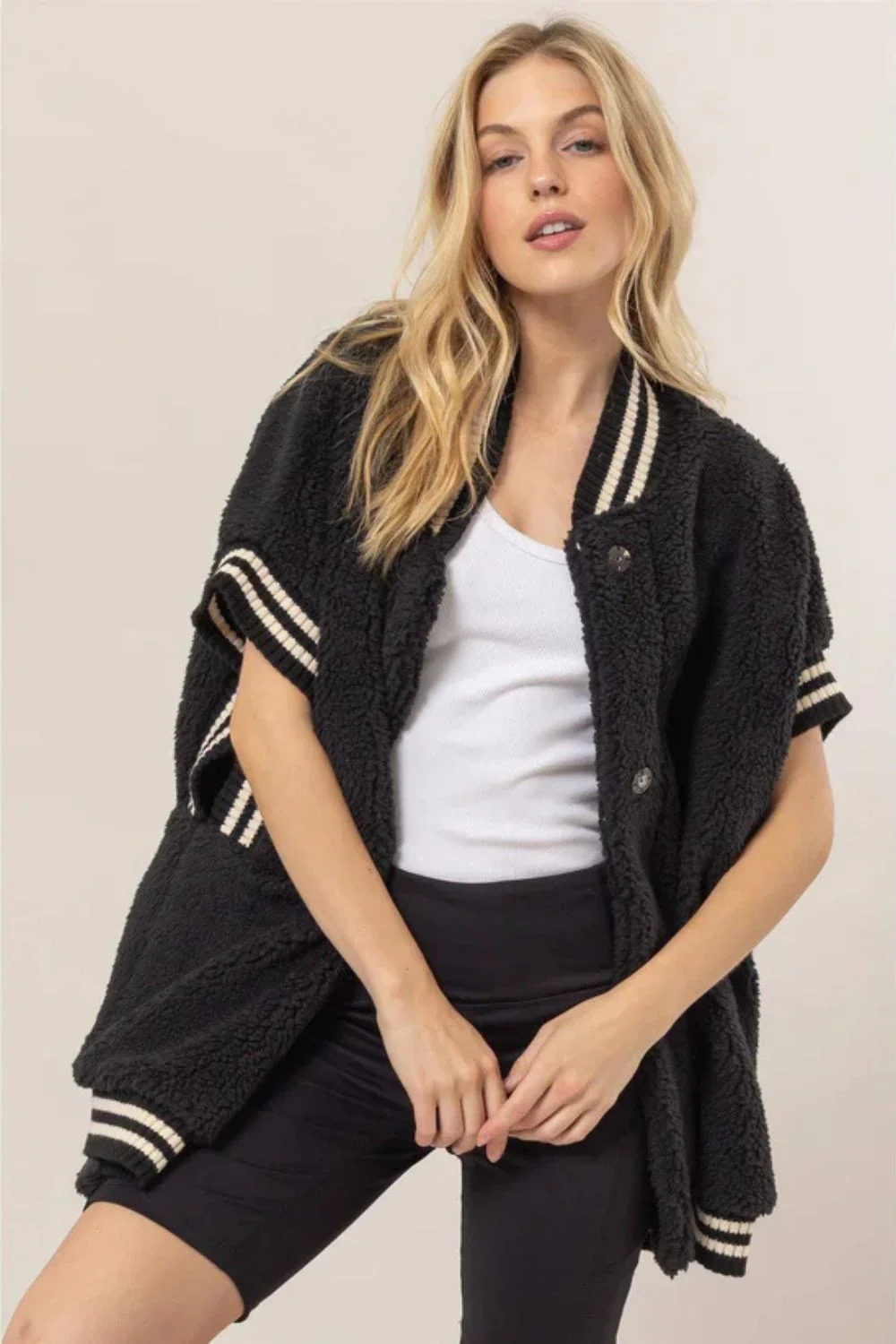 Black Sherpa Oversized Baseball Striped Trim Cozy Vest