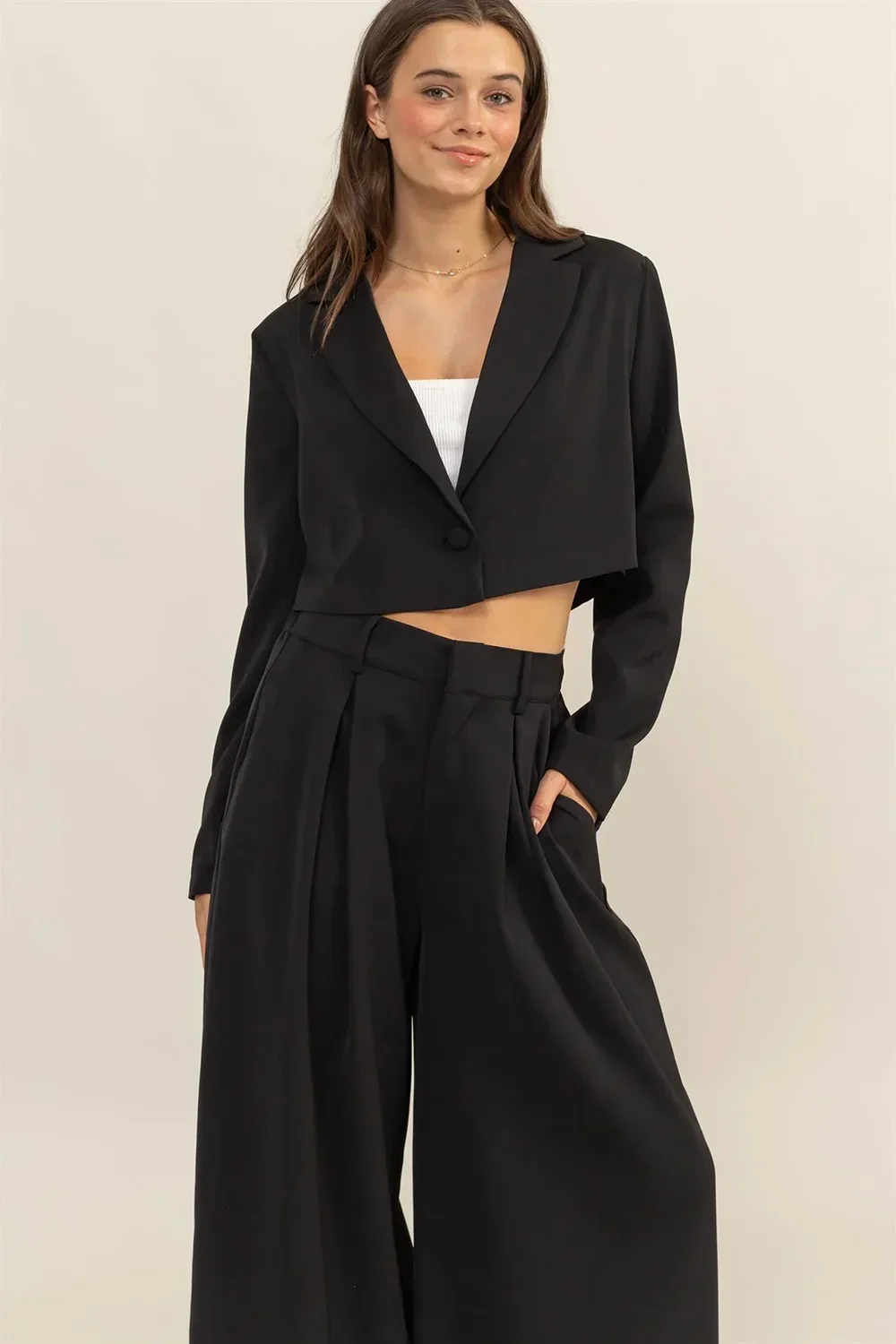 Cropped Blazer & High Rise Wide Leg Two-Piece Set