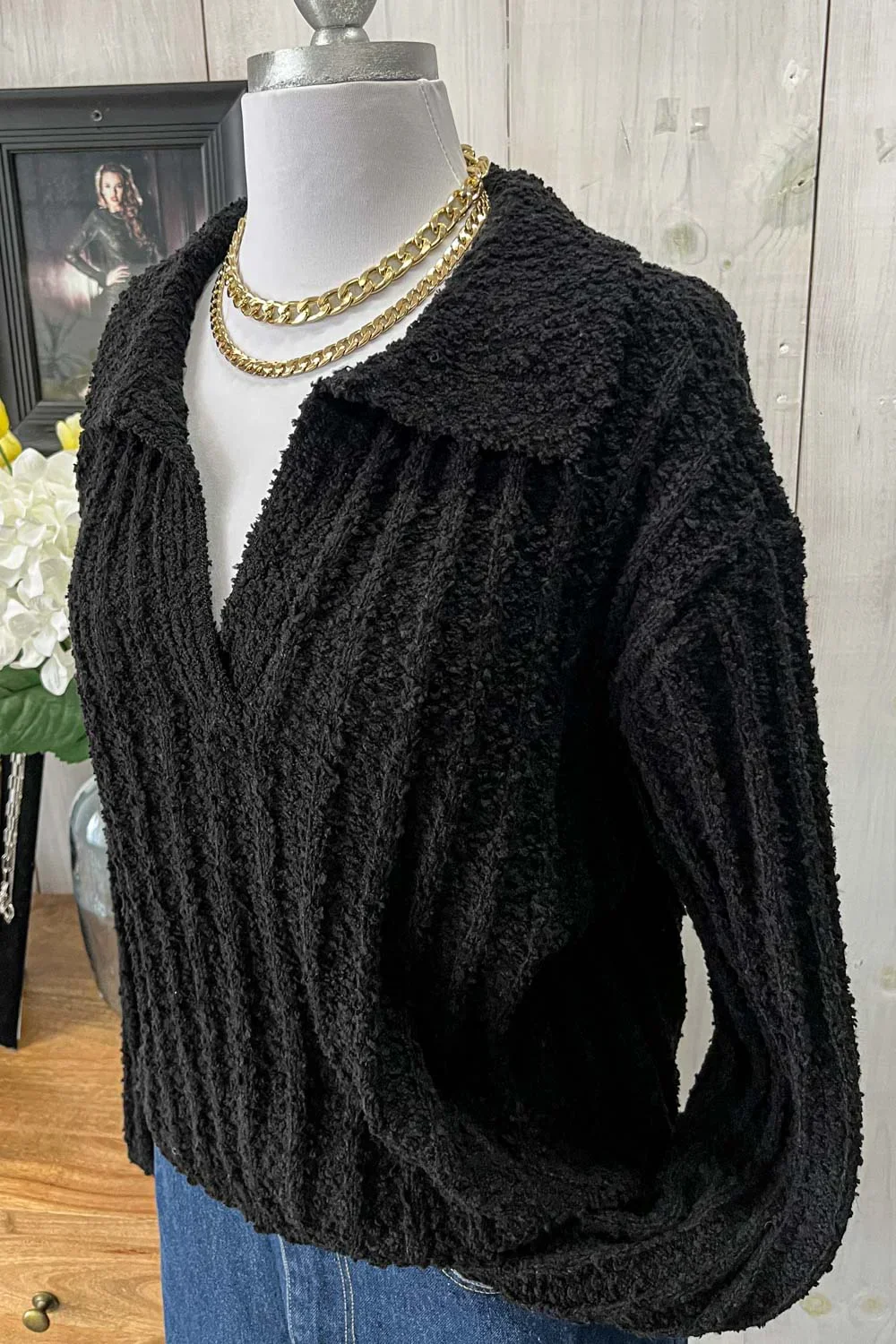 Ribbed Knit Collared Cropped Textured Fall Sweater