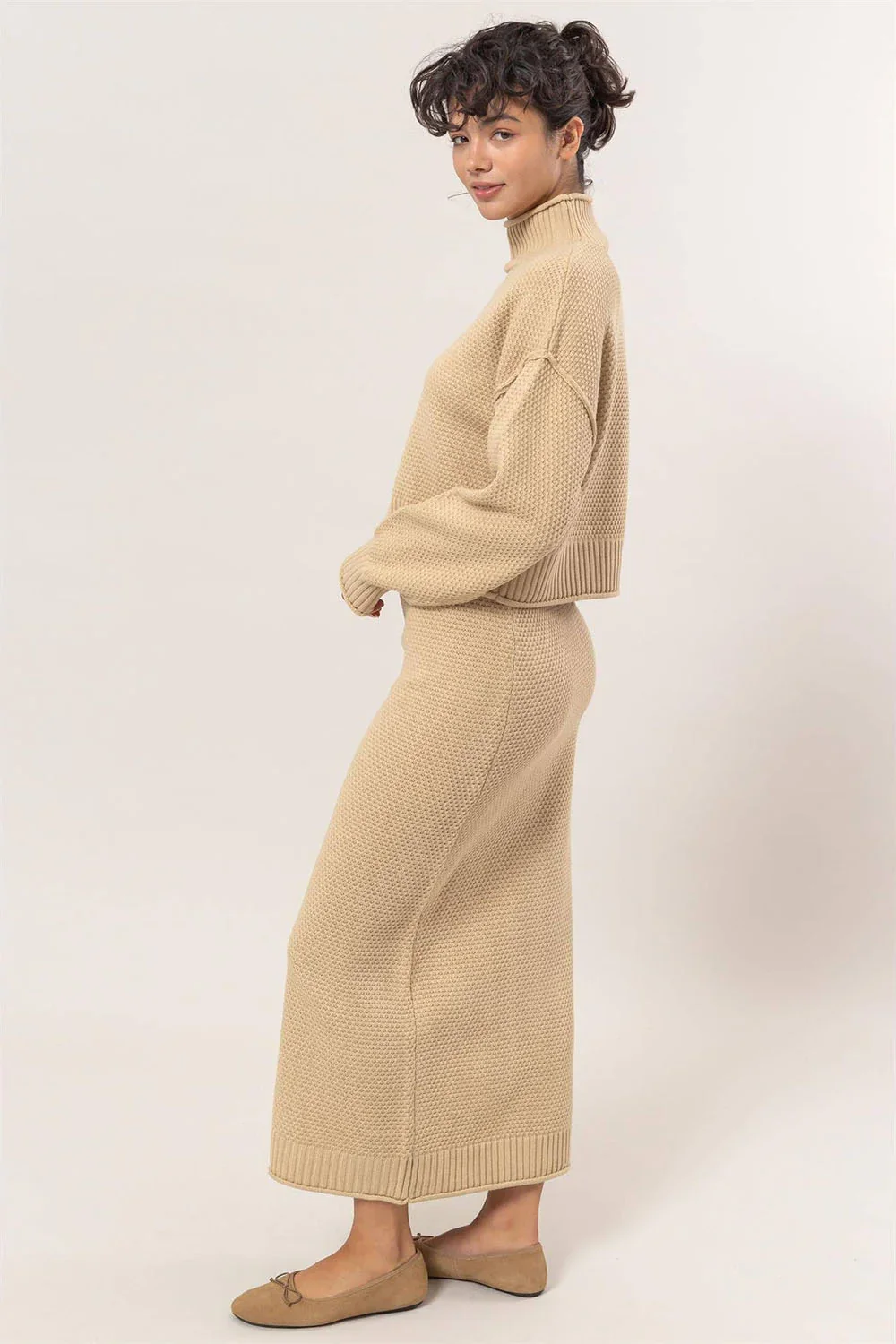 Oversized Turtleneck Sweater Matching Midi Skirt Knit Two Piece Set