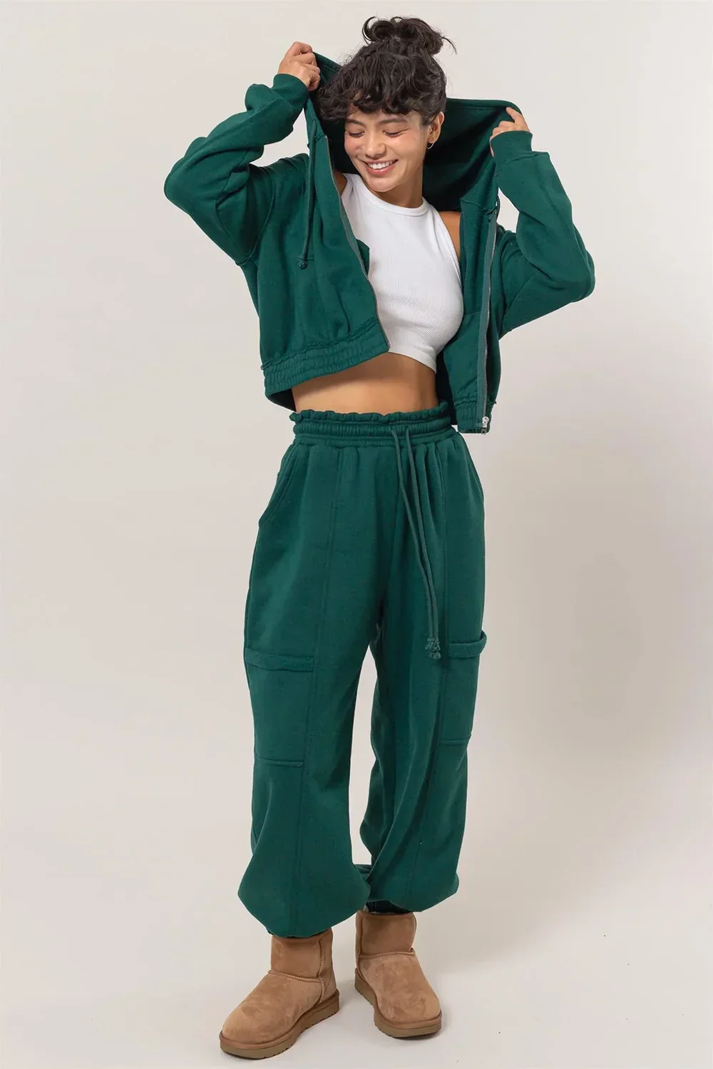 Cropped Zip Up Trendy Seam Detailing Fleece Fall Hoodie Jacket