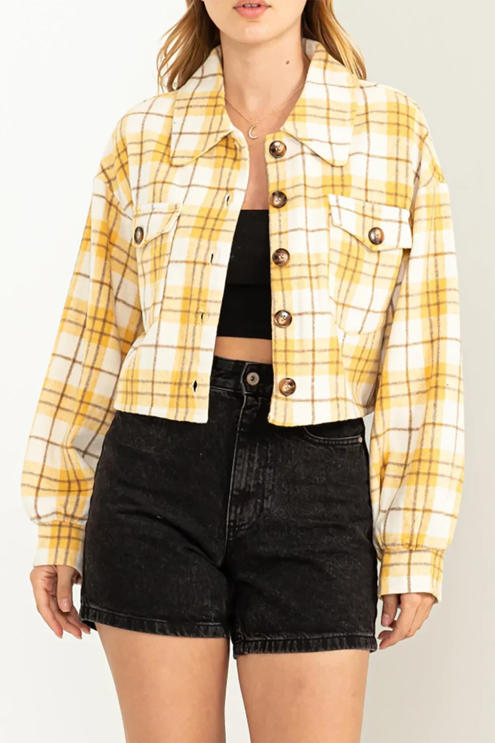 Flannel Plaid Wide Long Sleeve Collared Front Pocket Crop Jacket