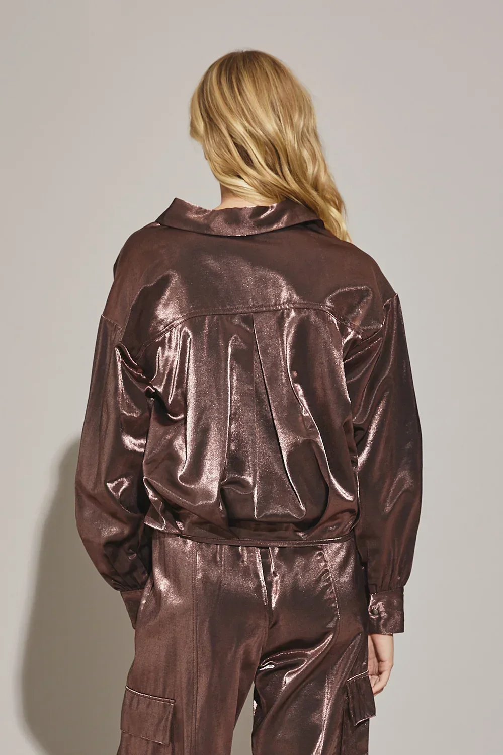 Liquid Metal Oversized Button Snap Metallic Glamour Top