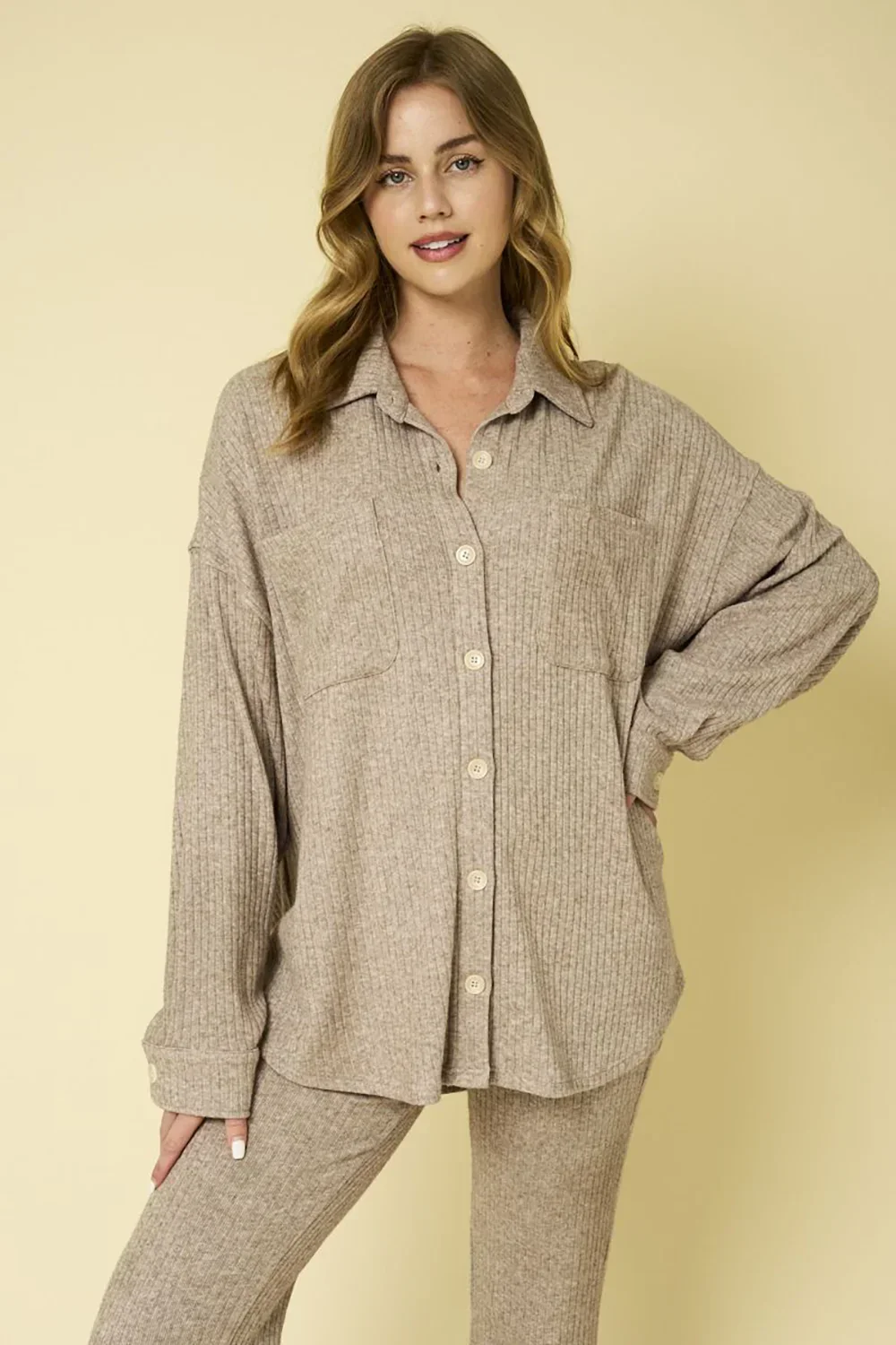 Taupe Ribbed Knit Button Front Shacket Flare Pants Lounge Set