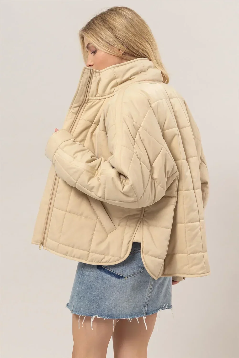 Cream Beige Quilted Lightweight Zip Up Neutral Fall Winter Puffer Jacket