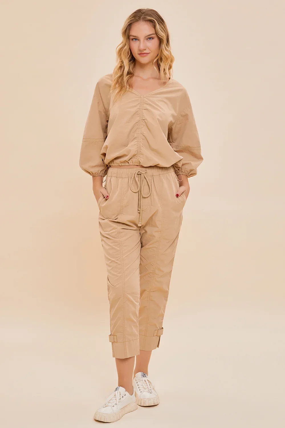 Safari Cotton Chic Utility Coord Balloon Sleeve Top & Cargo Pants Set