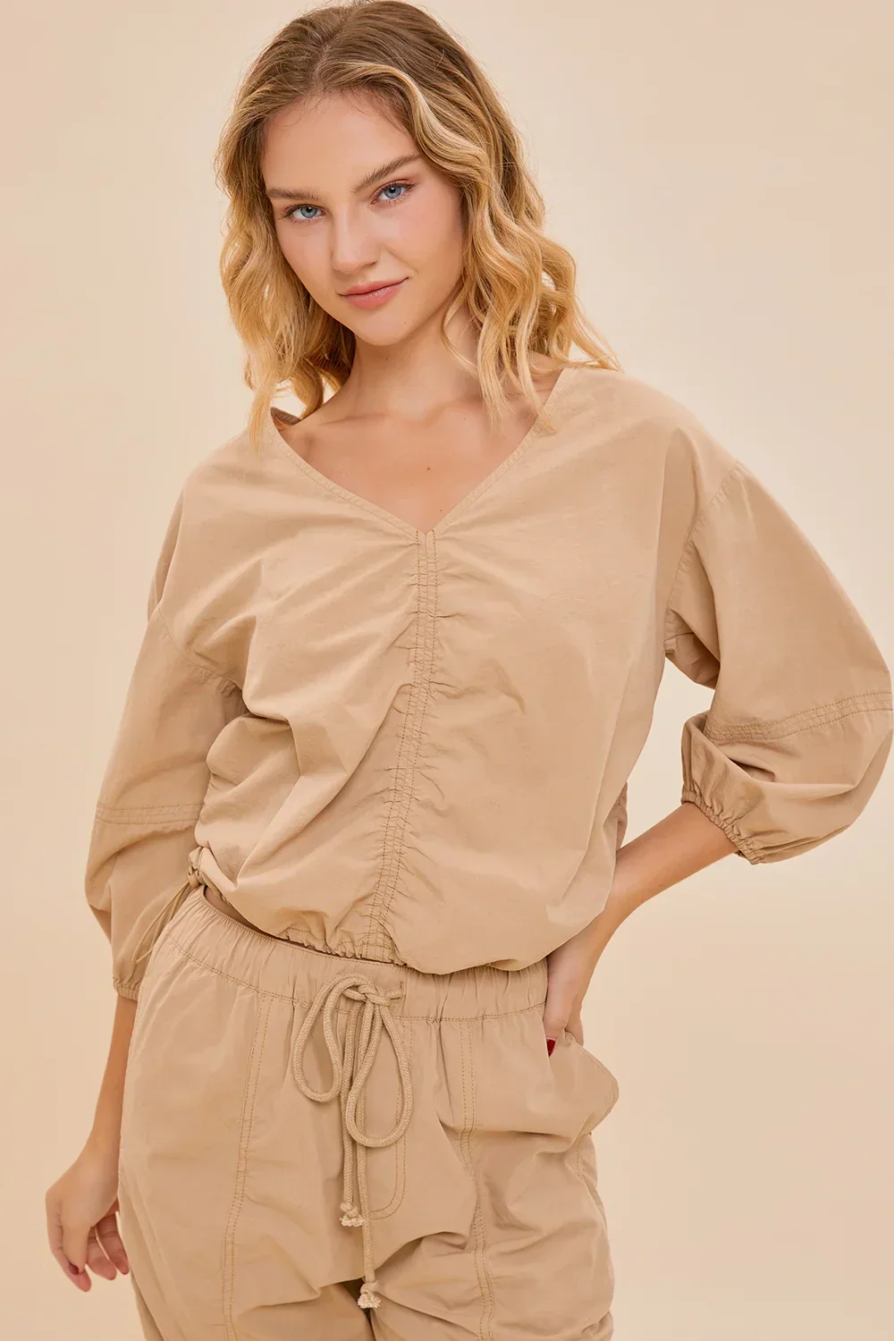 Safari Cotton Chic Utility Coord Balloon Sleeve Top & Cargo Pants Set