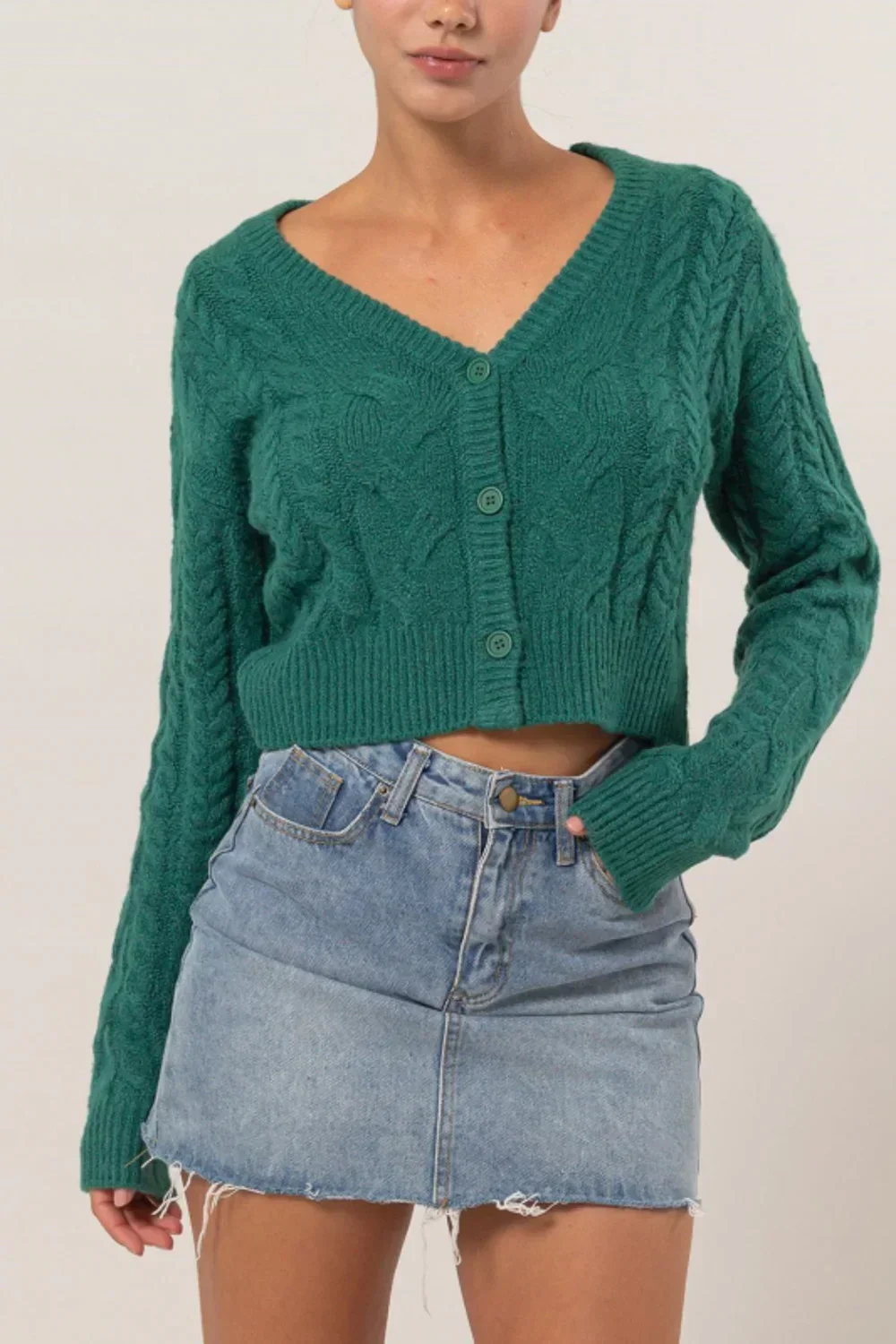 Teal Cable Knit Cropped Button Front V-Neck Long Sleeve Cozy Boutique Fashion Cardigan