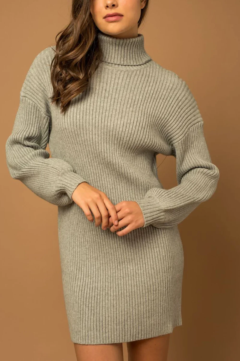 Ribbed Knit Turtleneck Balloon Sleeves Sweater Mini Dress