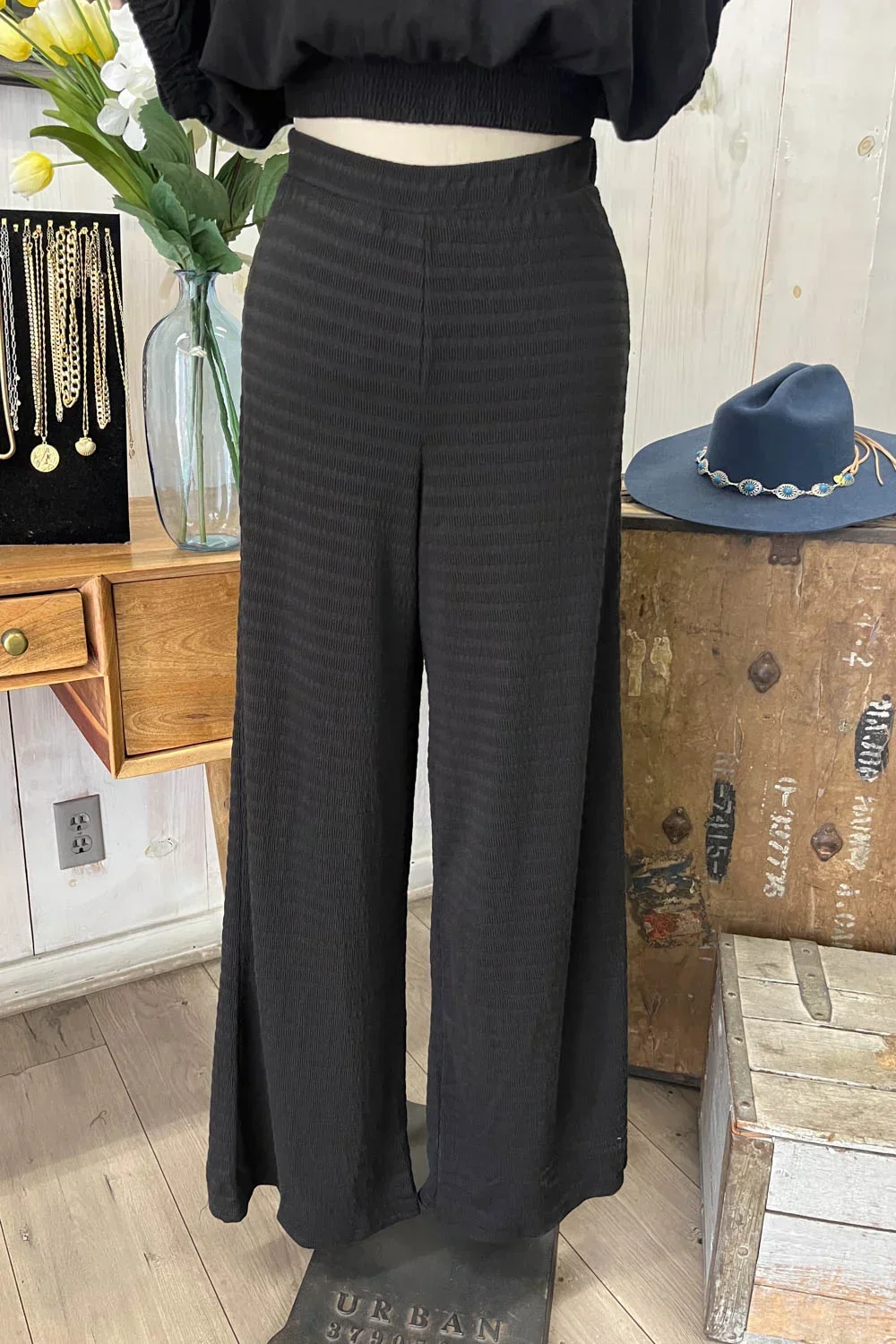 Black Heavy Weight Drawstring Wide Leg Soft Wholesale Boutique Pants