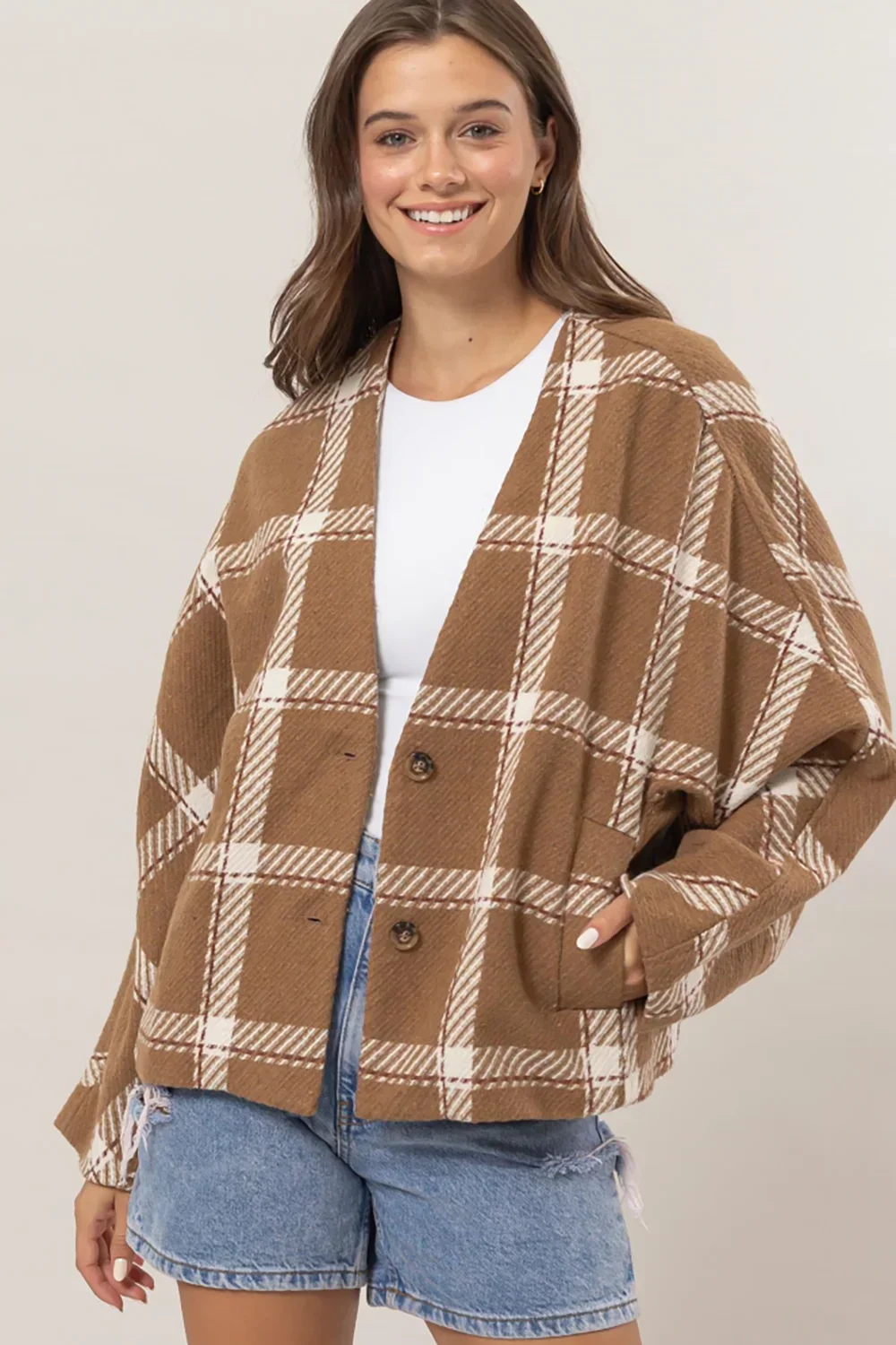 Oversize Plaid Long Sleeve Side Slit Pockets Jacket Shacket