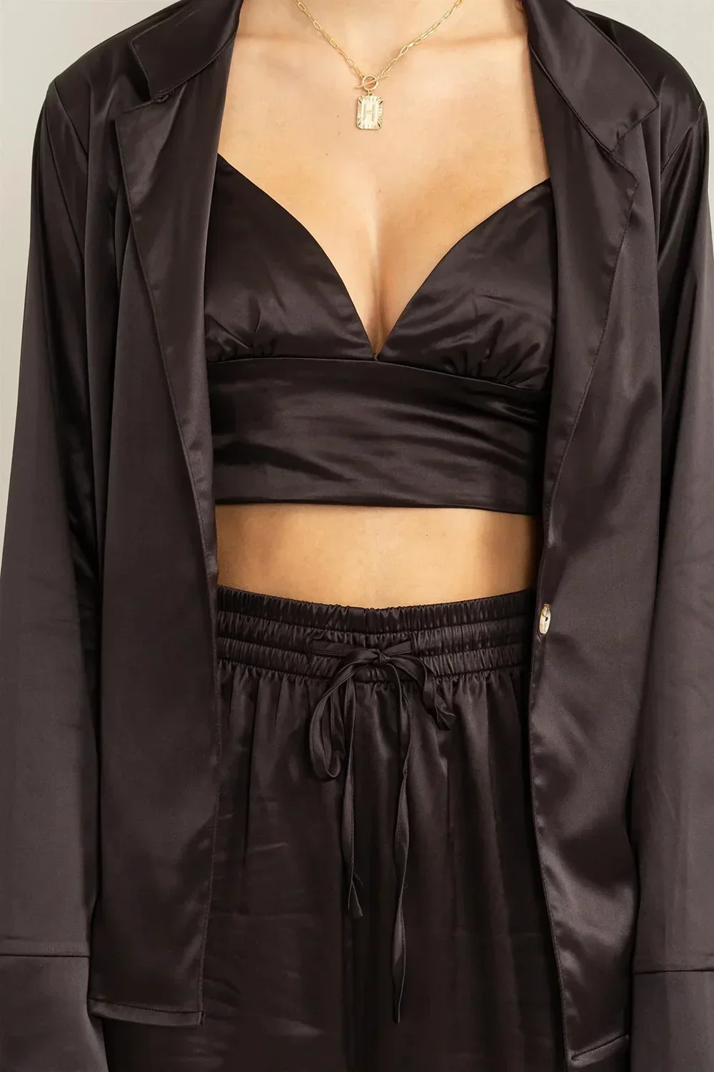 Satin 3 Piece Coordinated Crop Top Wide Leg Pants Blazer Set