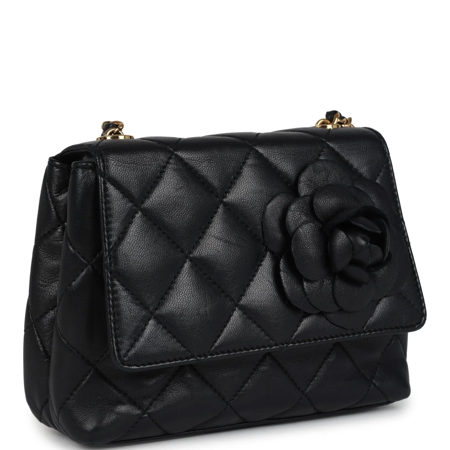 Vintage Chanel Mini Camellia Flap Bag Black Lambskin Gold Hardware