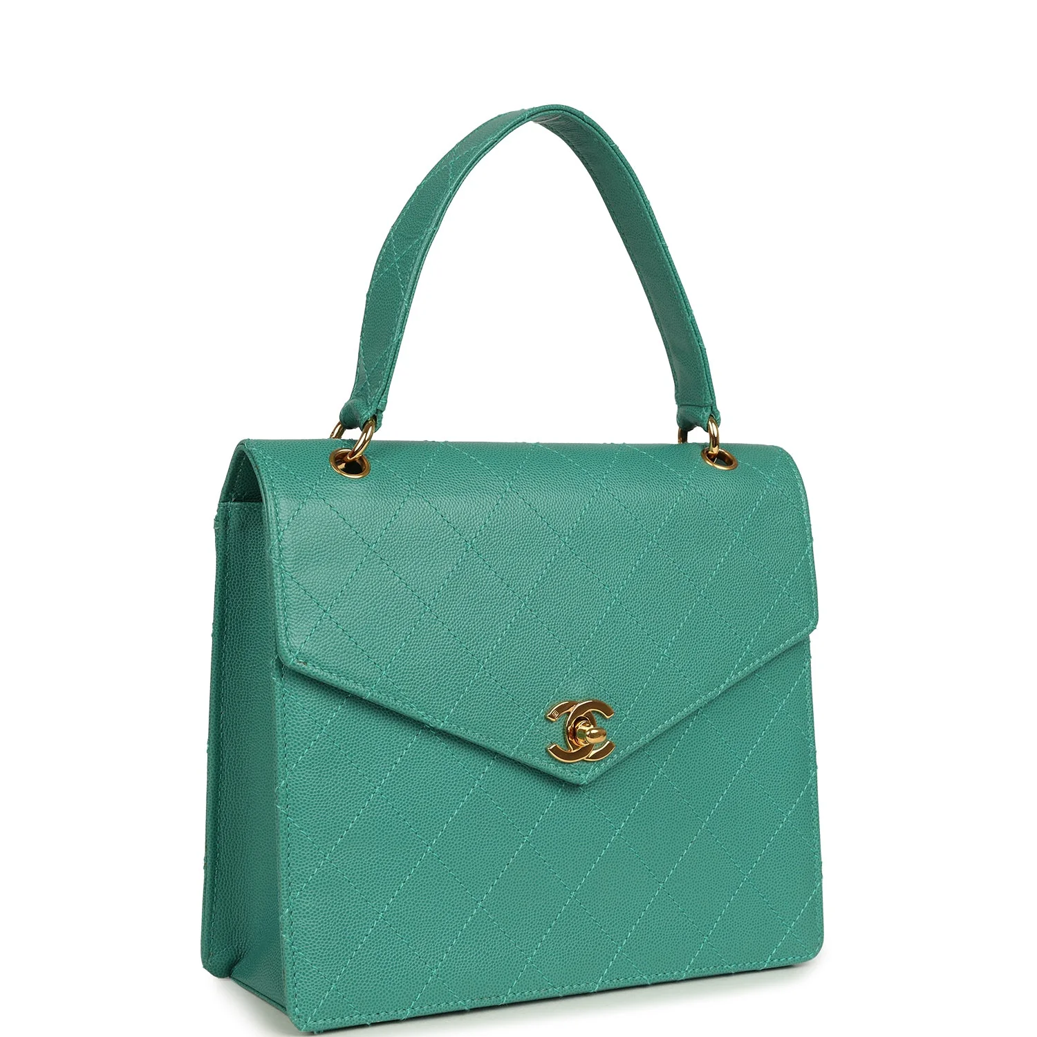 Vintage Chanel Top Handle Envelope Flap Bag Turquoise Caviar Gold Hardware