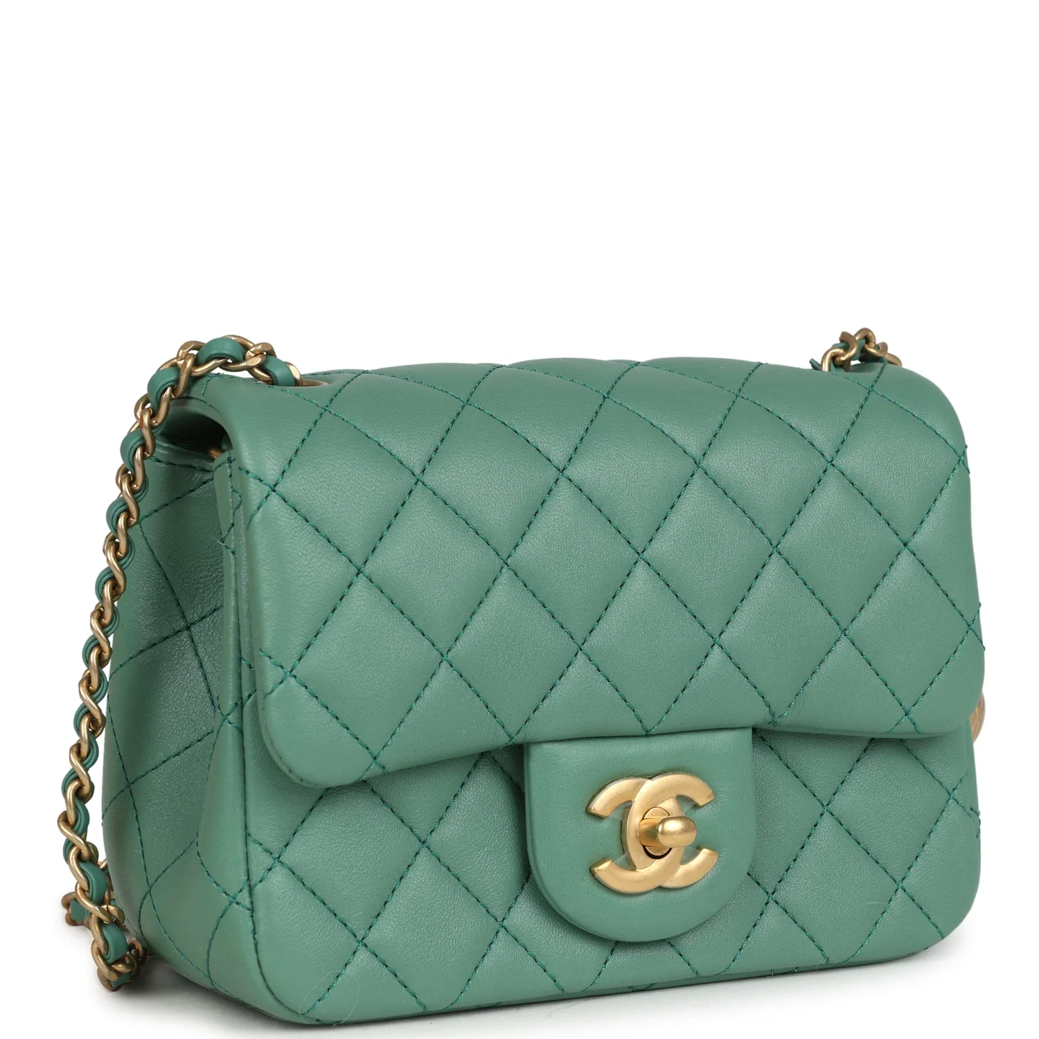 Chanel Mini Square Pearl Crush Flap Bag Green Lambskin Antique Gold Hardware