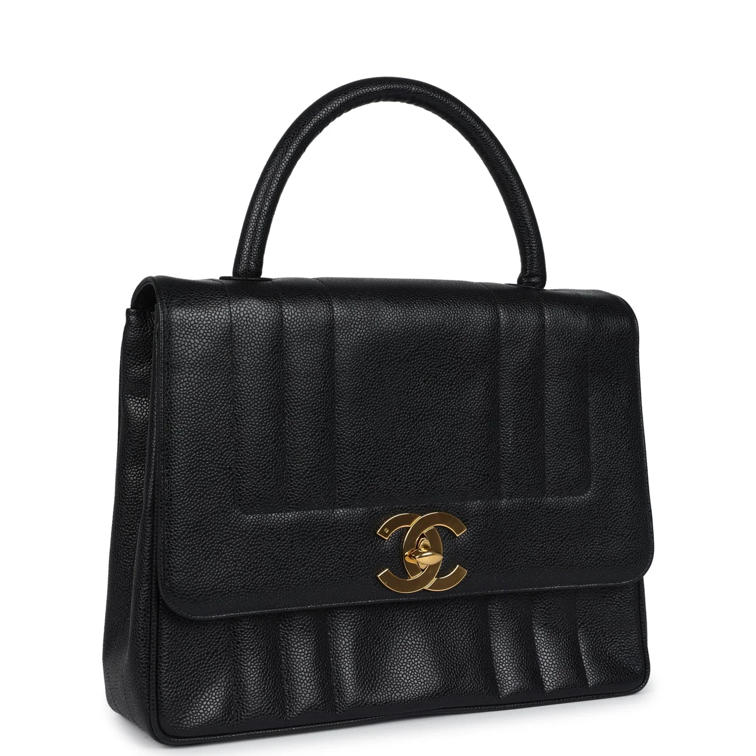 Vintage Chanel Vertical Stripe Kelly Flap Bag Black Caviar Gold Hardware