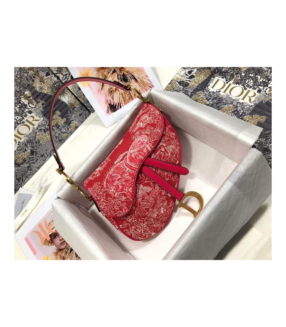 Dior Christian Dior Saddle Bag Raspberry Toile de Jouy Reverse Jacquard