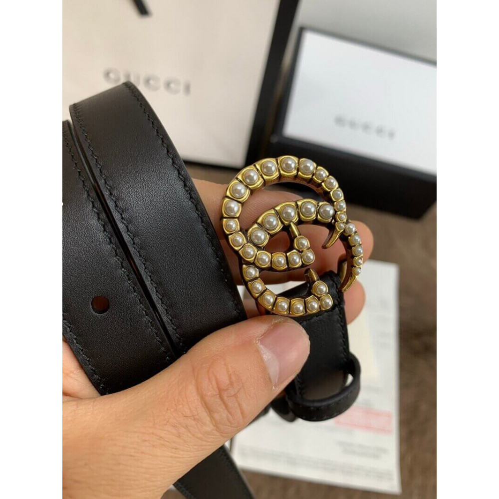 Gucci Black Leather 20mm Belt With Pearl Double G