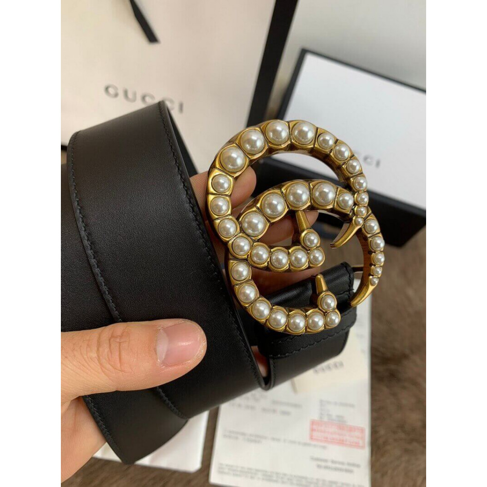 Gucci Black Leather 40mm Belt With Pearl Double G